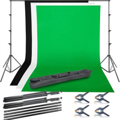 Emart Back Drop Kit with 3 Backdrops – BLACK, GREEN & WHITE (8.5ft x 10ft)