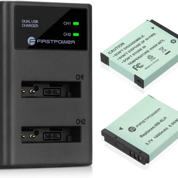 FirstPower 2 Pack NB-6LH NB-6L Batteries and Dual USB Charger