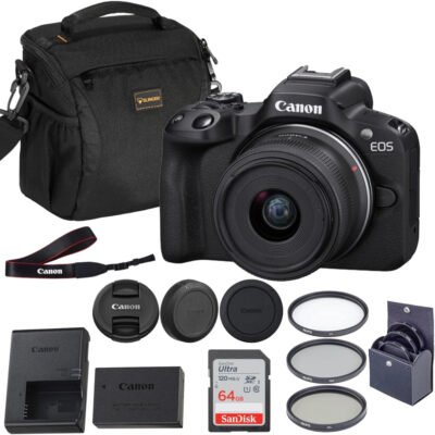 Canon EOS R50 Mirrorless Camera with 18-45mm Lens, 64GB SD Card, Shoulder Bag, 3 Filter Kit