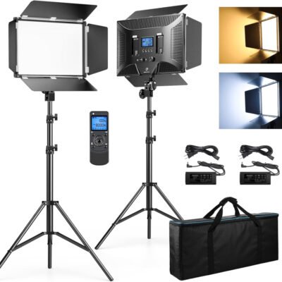 D50 Photography Lighting with Barn Door, 2-Pack 15.4″ LED Video Light with Remote